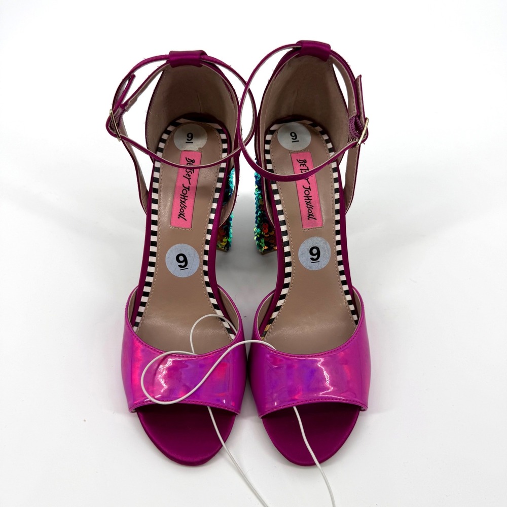 Betsey Johnson 9 Brandy Pink Patent Sequin Block Heel Sandals Party Glam Sparkle - Picture 3 of 7